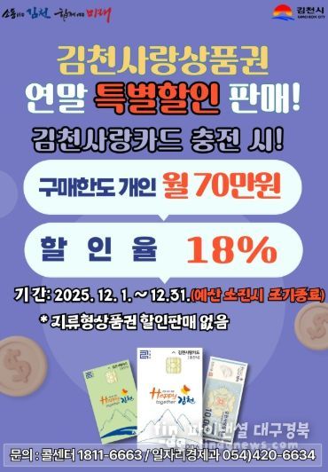 김천사랑상품권 12월 한 달 동안 18% 특별 할인판매